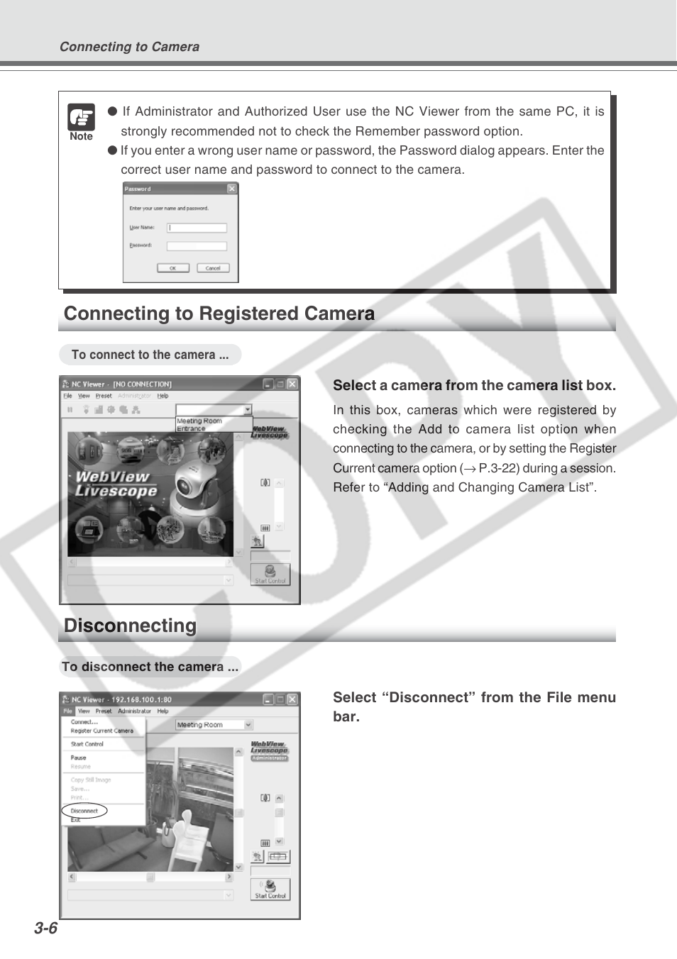 Connecting to registered camera, Disconnecting | Canon VB-C300 User Manual | Page 50 / 95