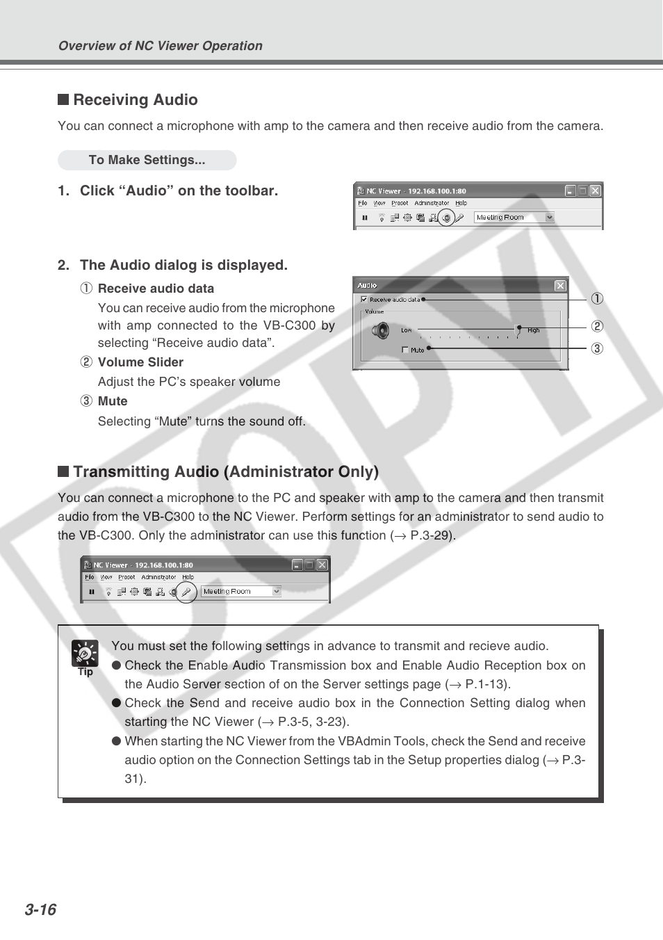 Receiving audio, Transmitting audio (administrator only) | Canon VB-C300 User Manual | Page 60 / 95