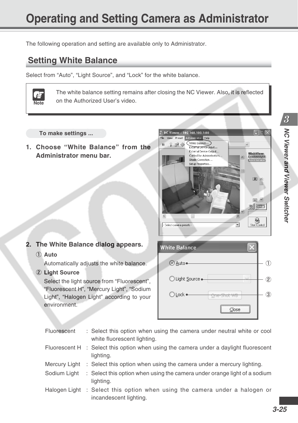 Operating and setting camera as administrator, Setting white balance | Canon VB-C300 User Manual | Page 69 / 95