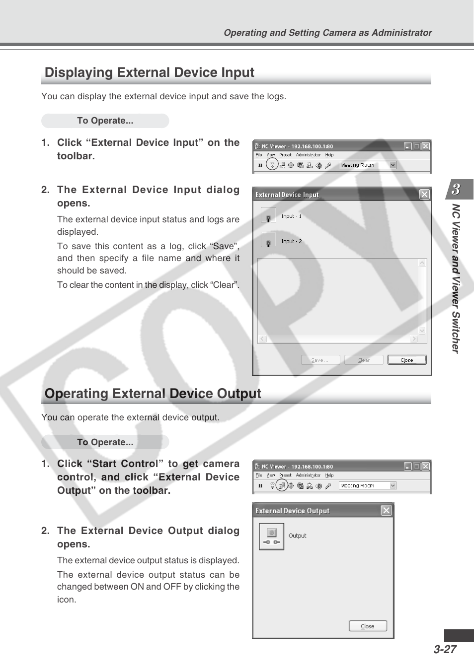 Displaying external device input, Operating external device output | Canon VB-C300 User Manual | Page 71 / 95