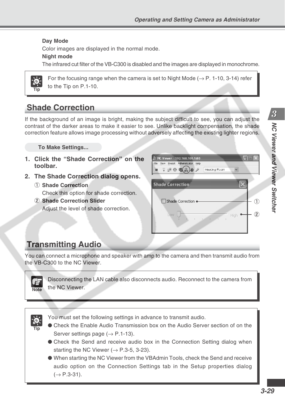 Shade correction, Transmitting audio | Canon VB-C300 User Manual | Page 73 / 95