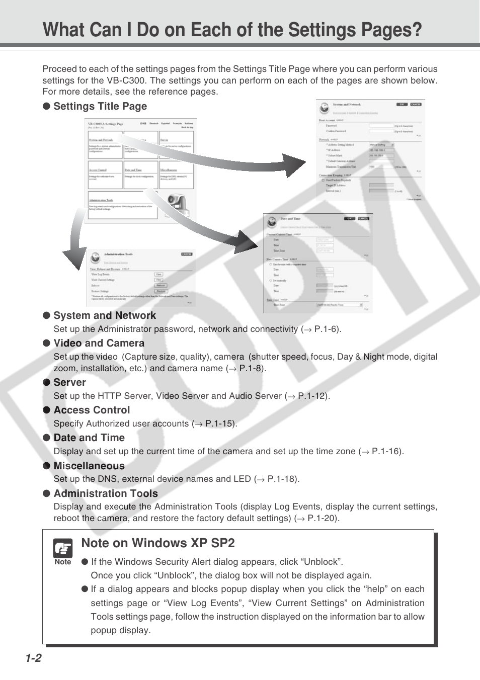 What can i do on each of the settings pages | Canon VB-C300 User Manual | Page 8 / 95