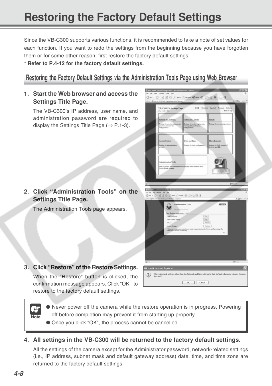 Restoring the factory default settings | Canon VB-C300 User Manual | Page 88 / 95