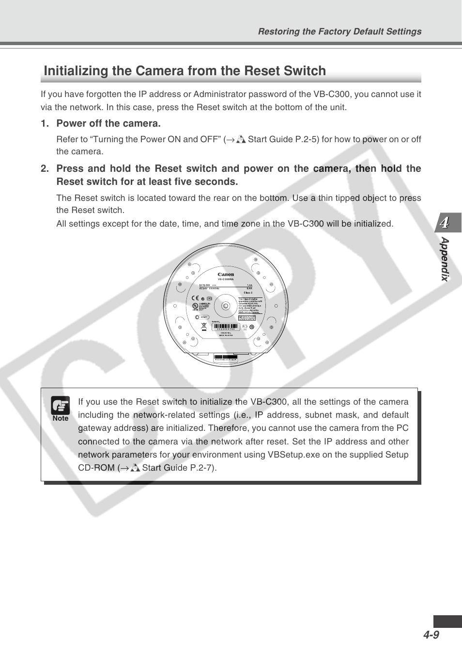 Initializing the camera from the reset switch | Canon VB-C300 User Manual | Page 89 / 95