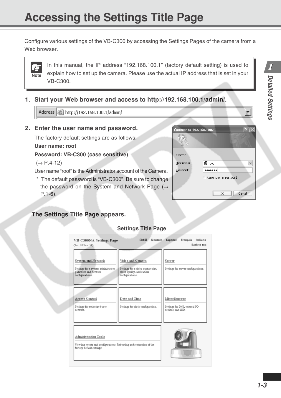 Accessing the settings title page | Canon VB-C300 User Manual | Page 9 / 95