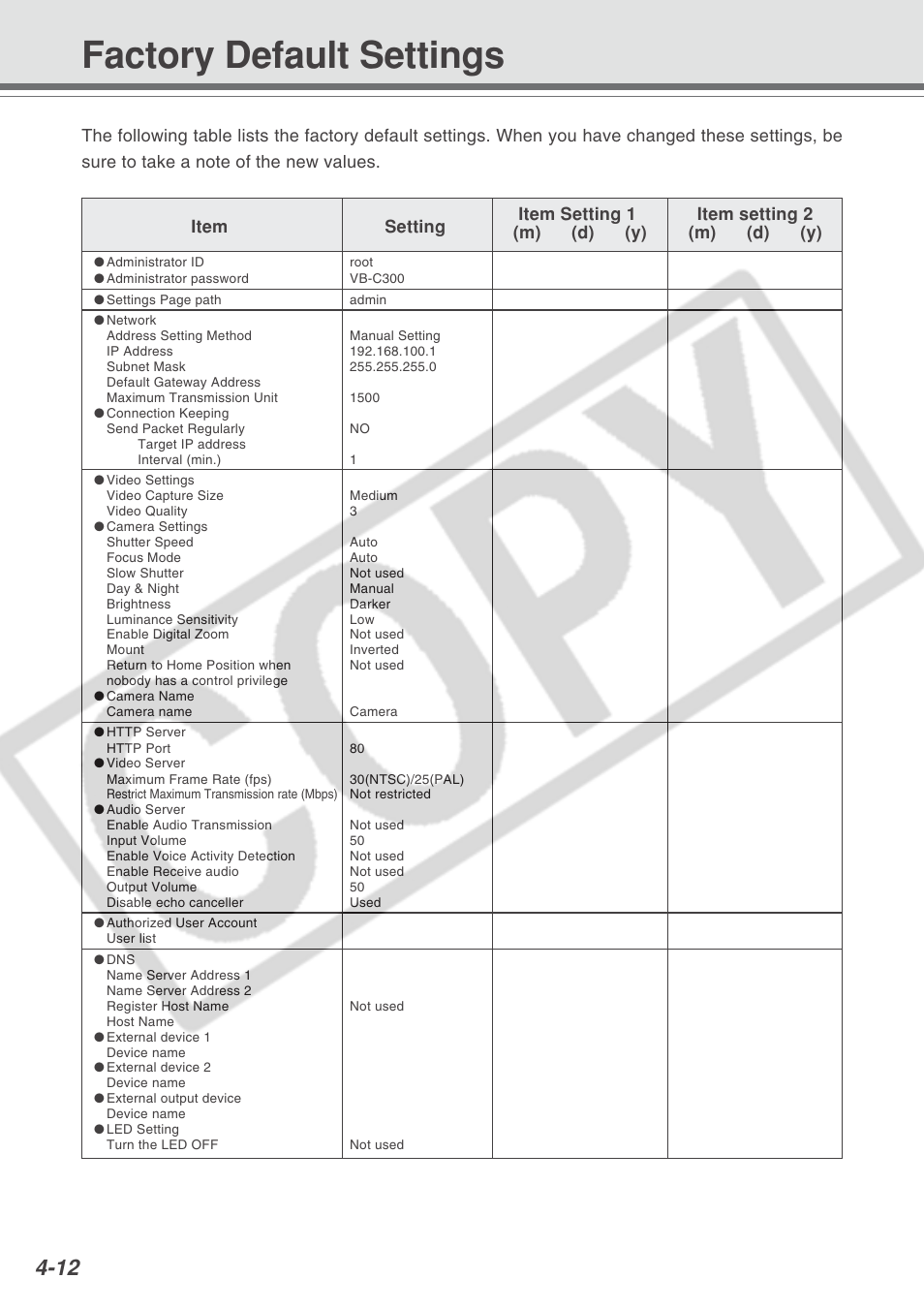 Factory default settings | Canon VB-C300 User Manual | Page 92 / 95