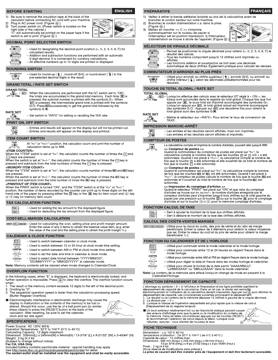 Decimal point selector switch, Rounding switch, Grand total / rate set switch | Print on, off switch, Item count switch, Tax calculation function, Cost-sell-margin calculation, Calendar & clock function, Overflow function, Specifications | Canon CP1250-D User Manual | Page 2 / 4