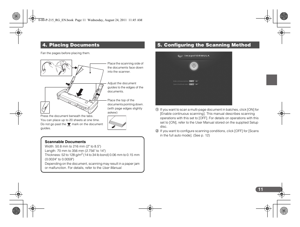 Placing documents, Configuring the scanning method | Canon imageFORMULA P-215 Scan-tini Personal Document Scanner User Manual | Page 12 / 55