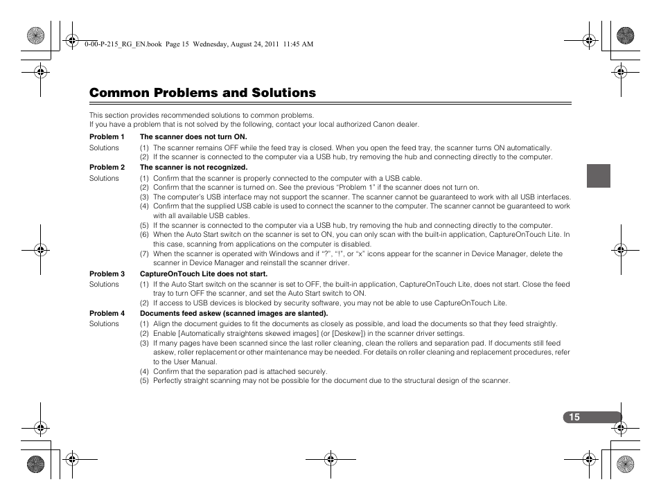 Common problems and solutions | Canon imageFORMULA P-215 Scan-tini Personal Document Scanner User Manual | Page 16 / 55