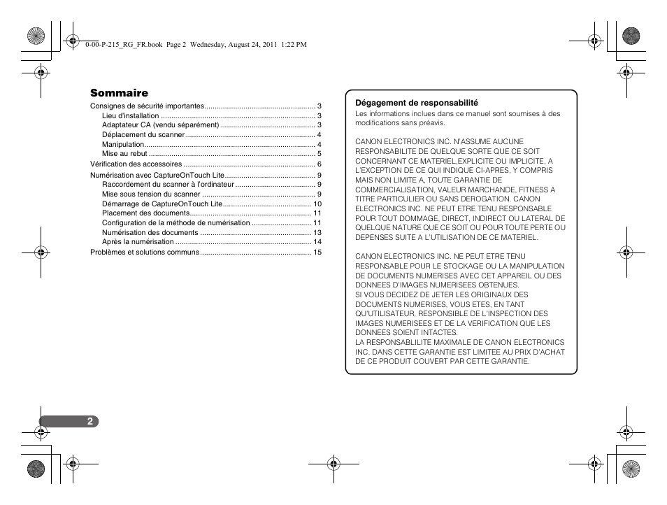 Sommaire | Canon imageFORMULA P-215 Scan-tini Personal Document Scanner User Manual | Page 21 / 55