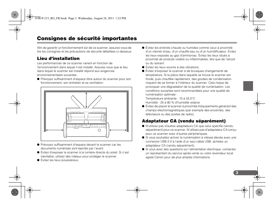 Consignes de sécurité importantes, Lieu d’installation, Adaptateur ca (vendu séparément) | Canon imageFORMULA P-215 Scan-tini Personal Document Scanner User Manual | Page 22 / 55