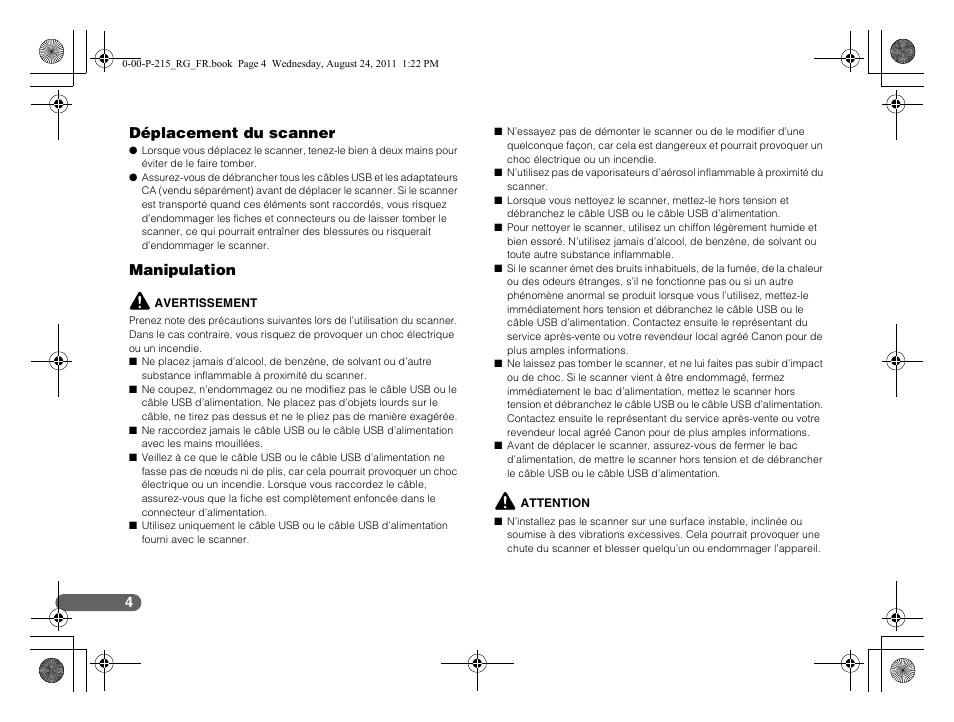 Déplacement du scanner, Manipulation | Canon imageFORMULA P-215 Scan-tini Personal Document Scanner User Manual | Page 23 / 55