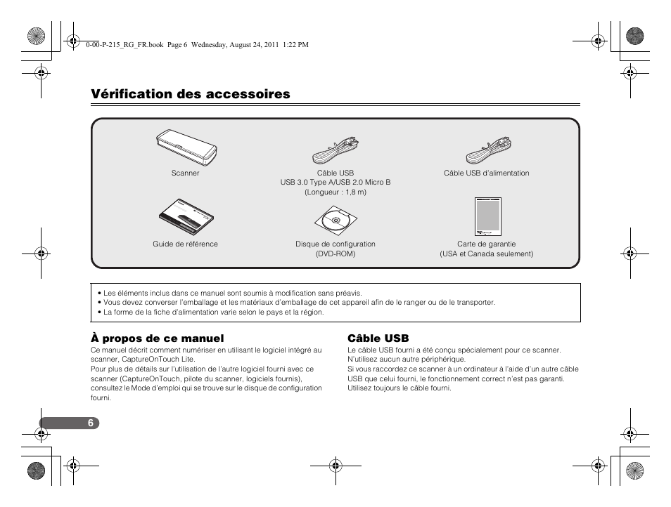 Vérification des accessoires, À propos de ce manuel, Câble usb | Canon imageFORMULA P-215 Scan-tini Personal Document Scanner User Manual | Page 25 / 55