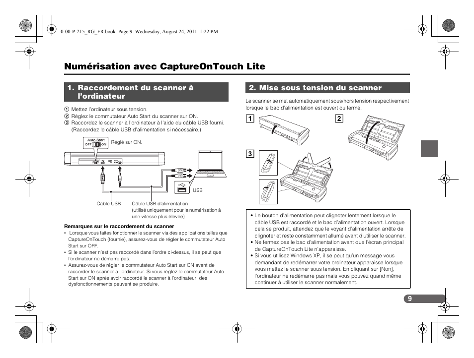 Numérisation avec captureontouch lite, Ab c, Raccordement du scanner à l’ordinateur | Mise sous tension du scanner | Canon imageFORMULA P-215 Scan-tini Personal Document Scanner User Manual | Page 28 / 55