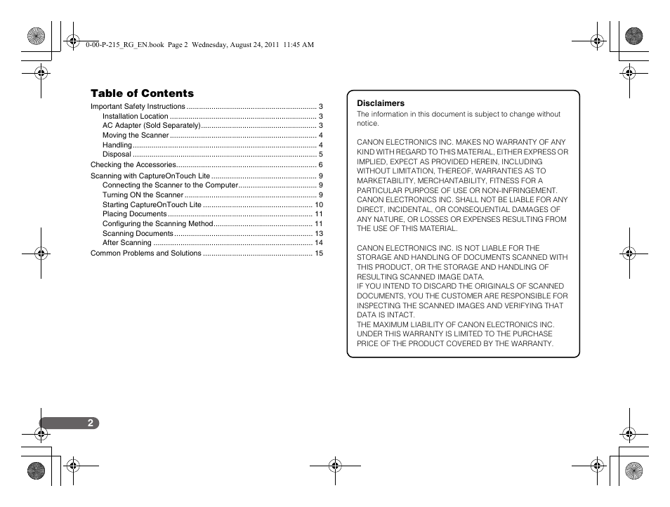 Canon imageFORMULA P-215 Scan-tini Personal Document Scanner User Manual | Page 3 / 55