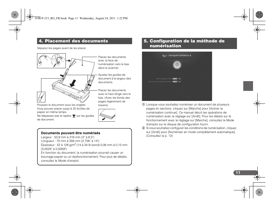 Placement des documents, Configuration de la méthode de numérisation | Canon imageFORMULA P-215 Scan-tini Personal Document Scanner User Manual | Page 30 / 55