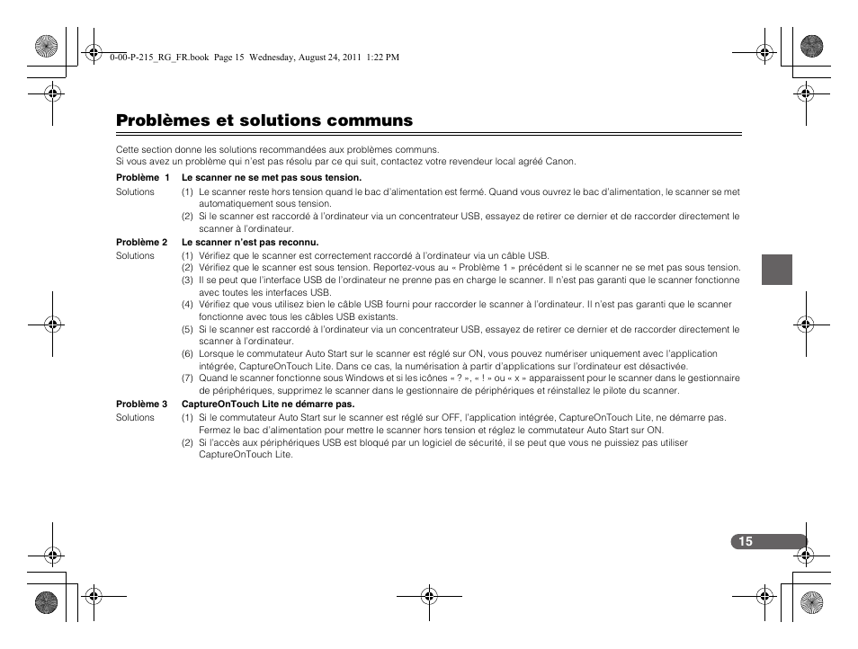 Problèmes et solutions communs | Canon imageFORMULA P-215 Scan-tini Personal Document Scanner User Manual | Page 34 / 55