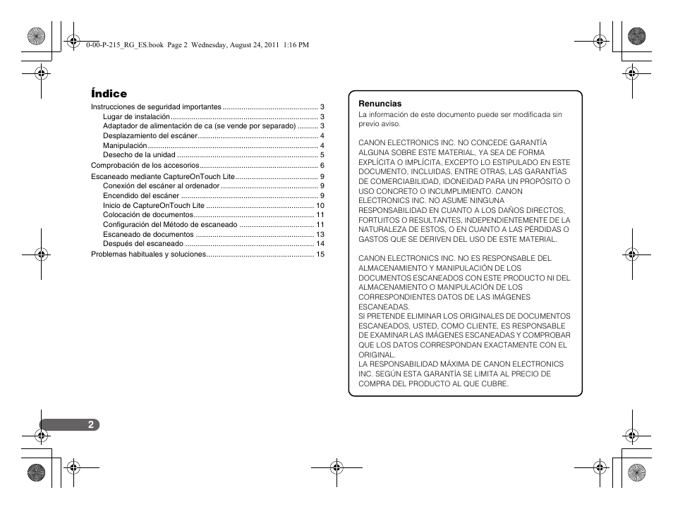 Índice | Canon imageFORMULA P-215 Scan-tini Personal Document Scanner User Manual | Page 39 / 55