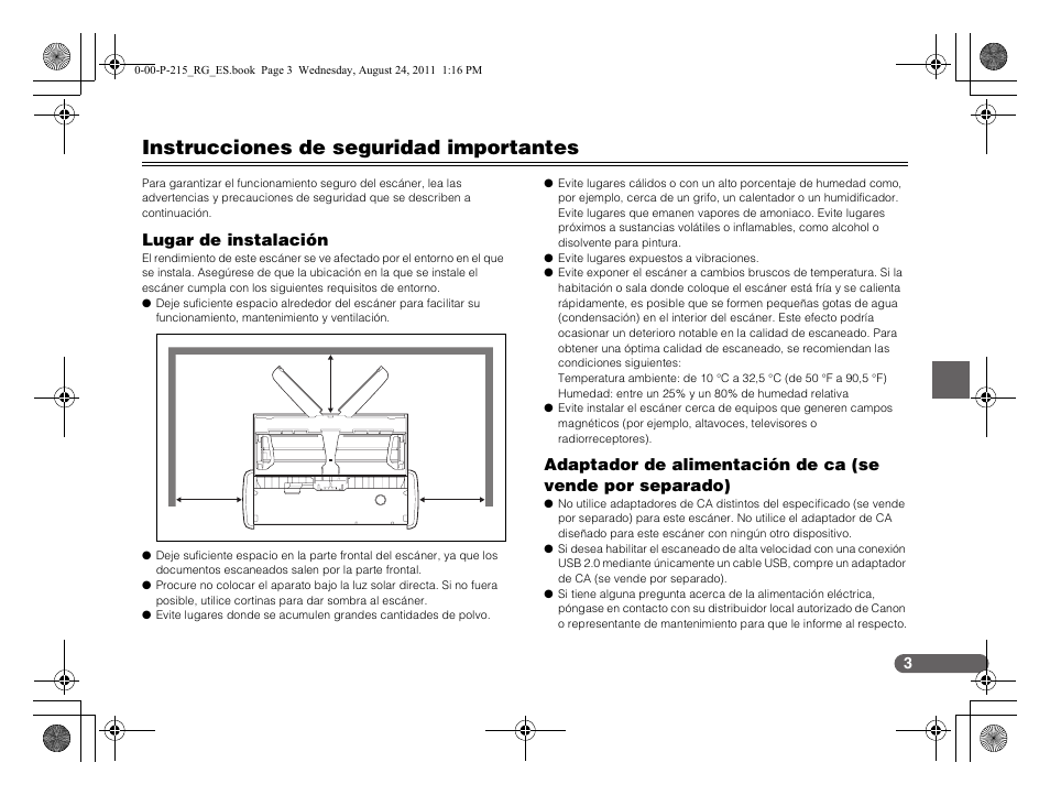 Instrucciones de seguridad importantes, Lugar de instalación | Canon imageFORMULA P-215 Scan-tini Personal Document Scanner User Manual | Page 40 / 55