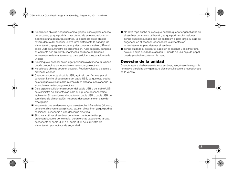 Desecho de la unidad | Canon imageFORMULA P-215 Scan-tini Personal Document Scanner User Manual | Page 42 / 55