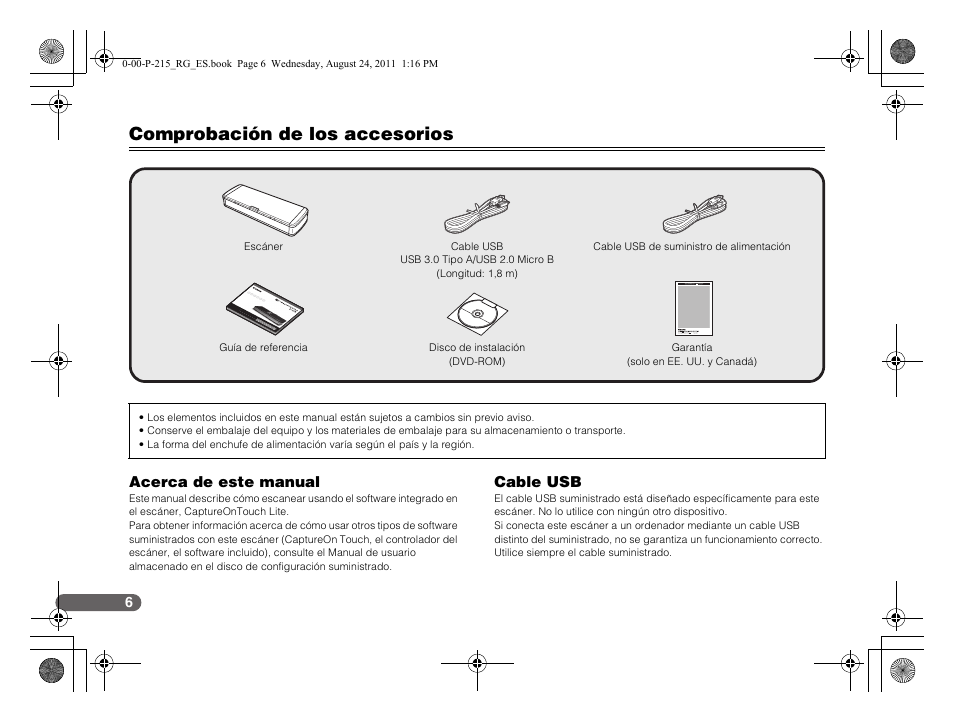 Comprobación de los accesorios, Acerca de este manual, Cable usb | Canon imageFORMULA P-215 Scan-tini Personal Document Scanner User Manual | Page 43 / 55