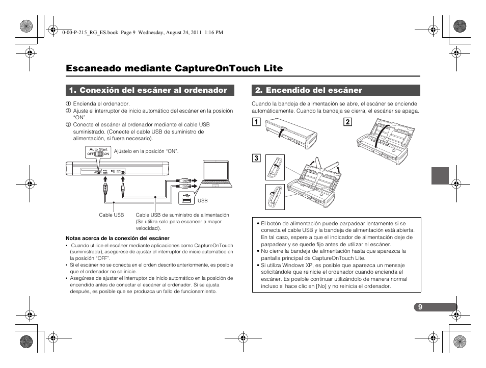 Escaneado mediante captureontouch lite, Ab c, Conexión del escáner al ordenador | Encendido del escáner | Canon imageFORMULA P-215 Scan-tini Personal Document Scanner User Manual | Page 46 / 55