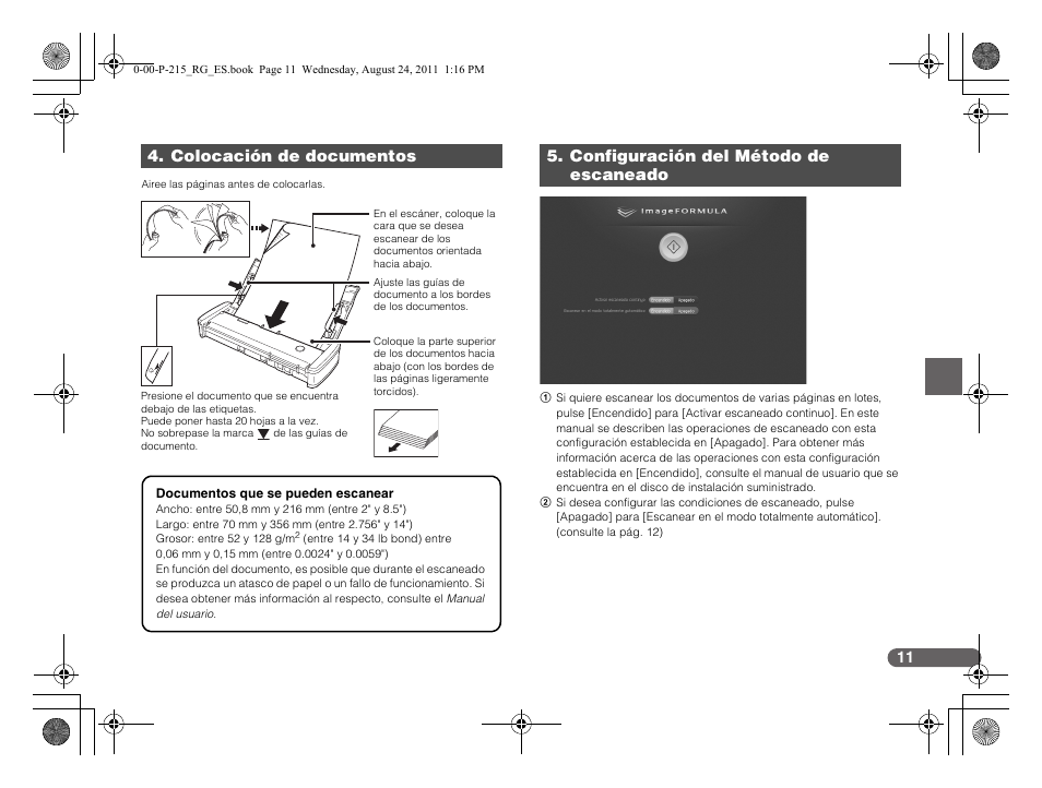 Colocación de documentos, Configuración del método de escaneado | Canon imageFORMULA P-215 Scan-tini Personal Document Scanner User Manual | Page 48 / 55