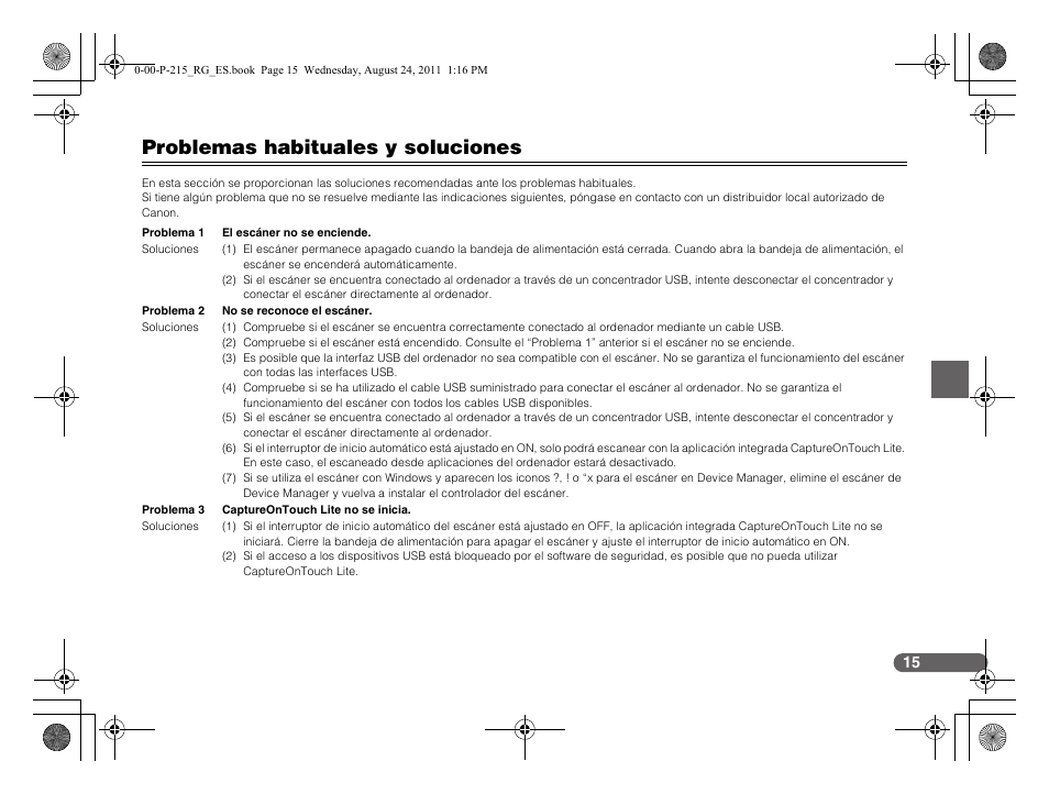 Problemas habituales y soluciones | Canon imageFORMULA P-215 Scan-tini Personal Document Scanner User Manual | Page 52 / 55