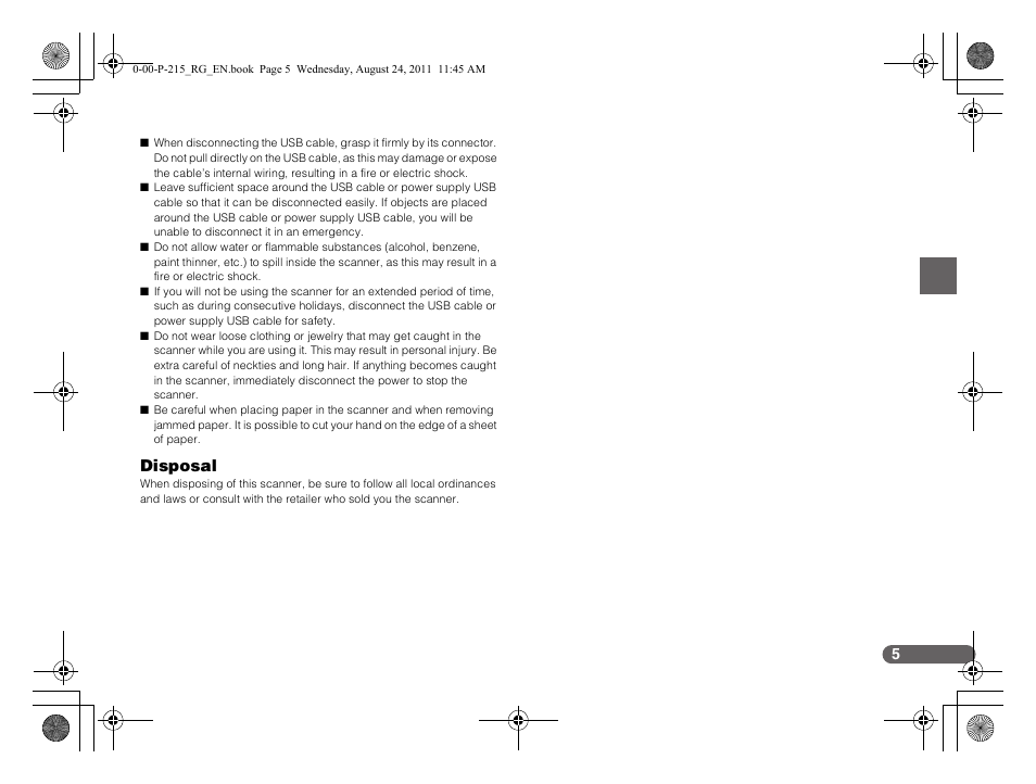 Disposal | Canon imageFORMULA P-215 Scan-tini Personal Document Scanner User Manual | Page 6 / 55