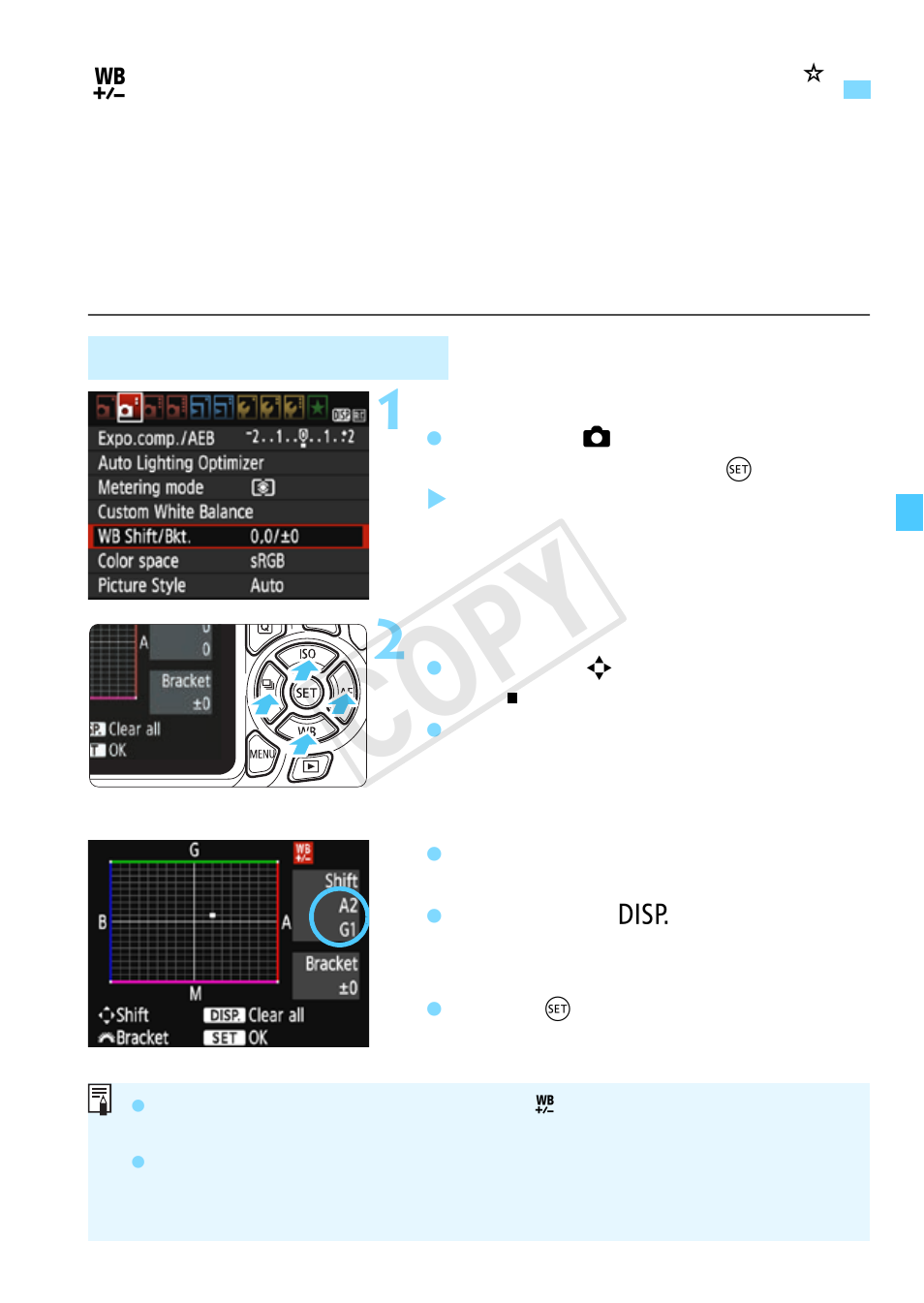 Adjusting the color tone for the light source, U adjusting the color tone for the light source, Cop y | U adjusting the color tone for the light source n | Canon EOS Rebel T5 18-55 IS II Kit User Manual | Page 129 / 342