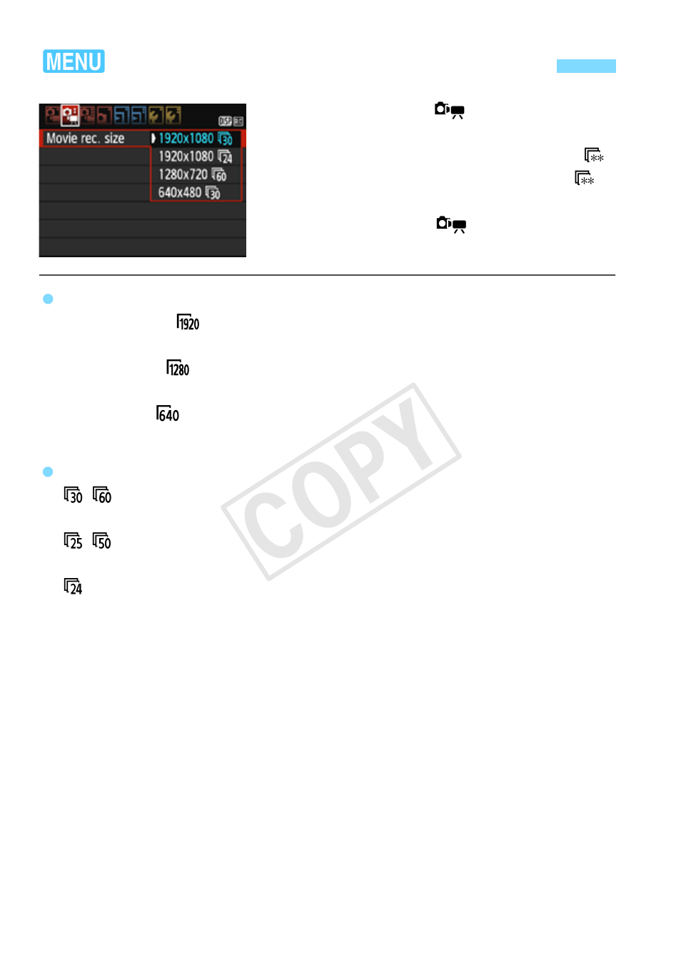 Setting the movie recording size, Cop y, 3setting the movie recording size | Canon EOS Rebel T5 18-55 IS II Kit User Manual | Page 164 / 342