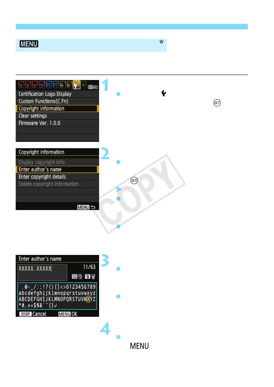 Setting copyright information, Cop y | Canon EOS Rebel T5 18-55 IS II Kit User Manual | Page 186 / 342