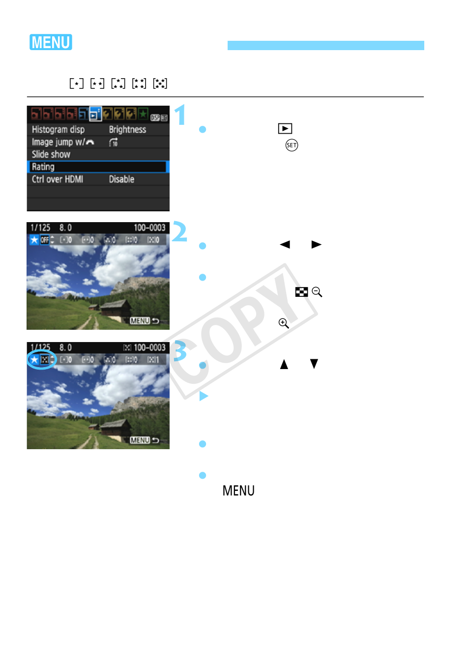 Setting ratings, P.208, Ratings) | Cop y | Canon EOS Rebel T5 18-55 IS II Kit User Manual | Page 208 / 342