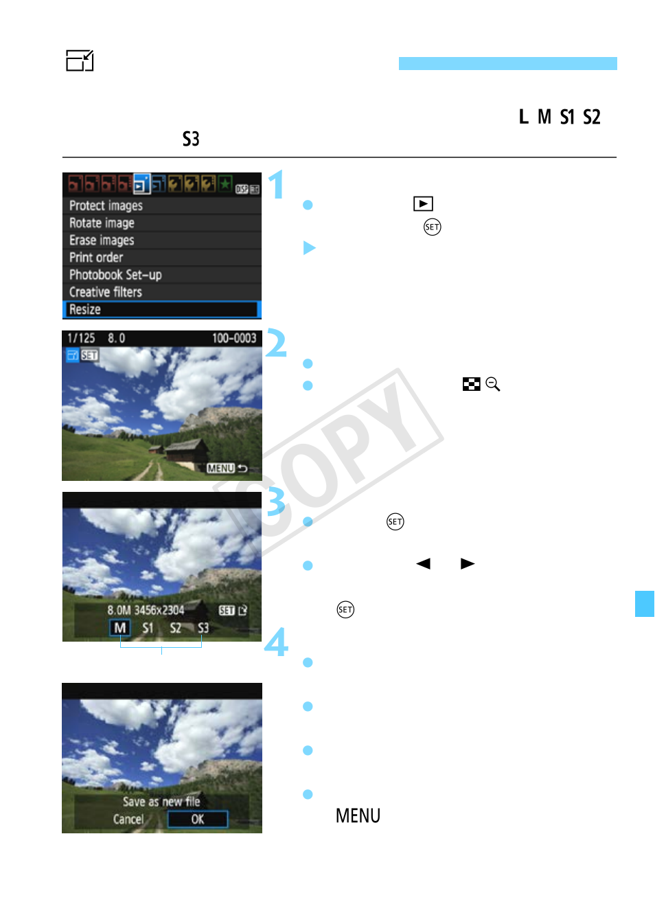 Resizing jpeg images, S resizing jpeg images, Cop y | Canon EOS Rebel T5 18-55 IS II Kit User Manual | Page 237 / 342