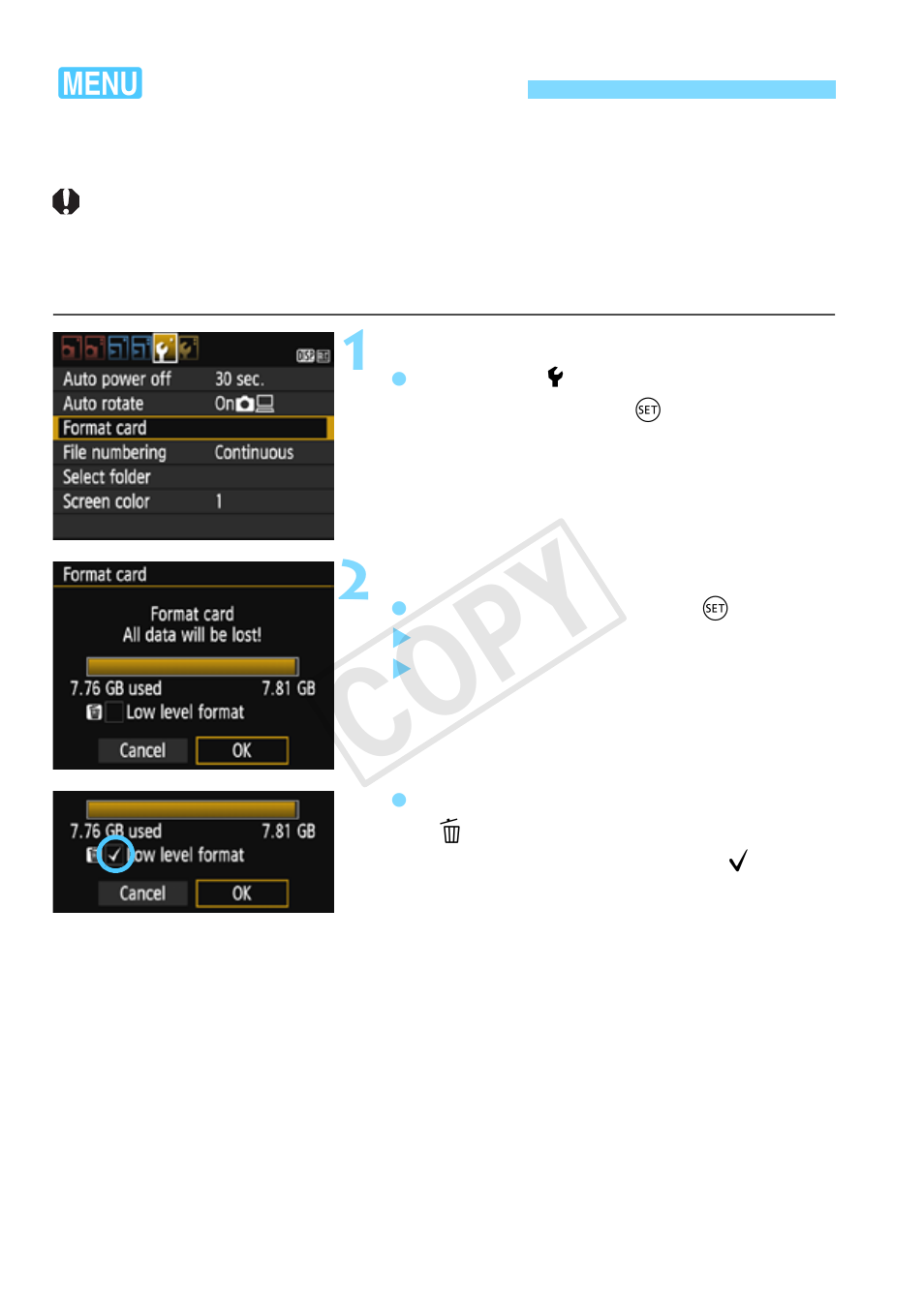 Formatting the card, Cop y | Canon EOS Rebel T5 18-55 IS II Kit User Manual | Page 50 / 342