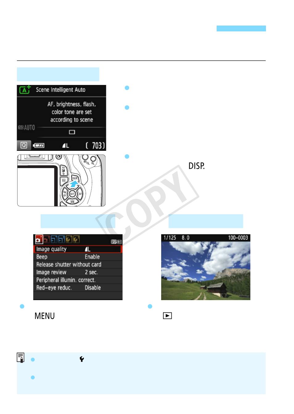 Switching the lcd monitor display, Cop y | Canon EOS Rebel T5 18-55 IS II Kit User Manual | Page 52 / 342