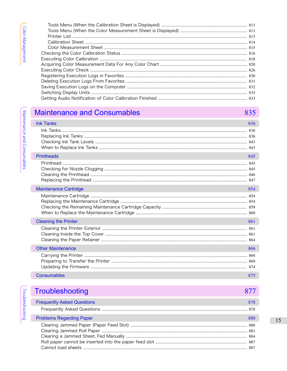 Maintenance and consumables 835, Troubleshooting 877 | Canon imagePROGRAF iPF6400 User Manual | Page 15 / 966
