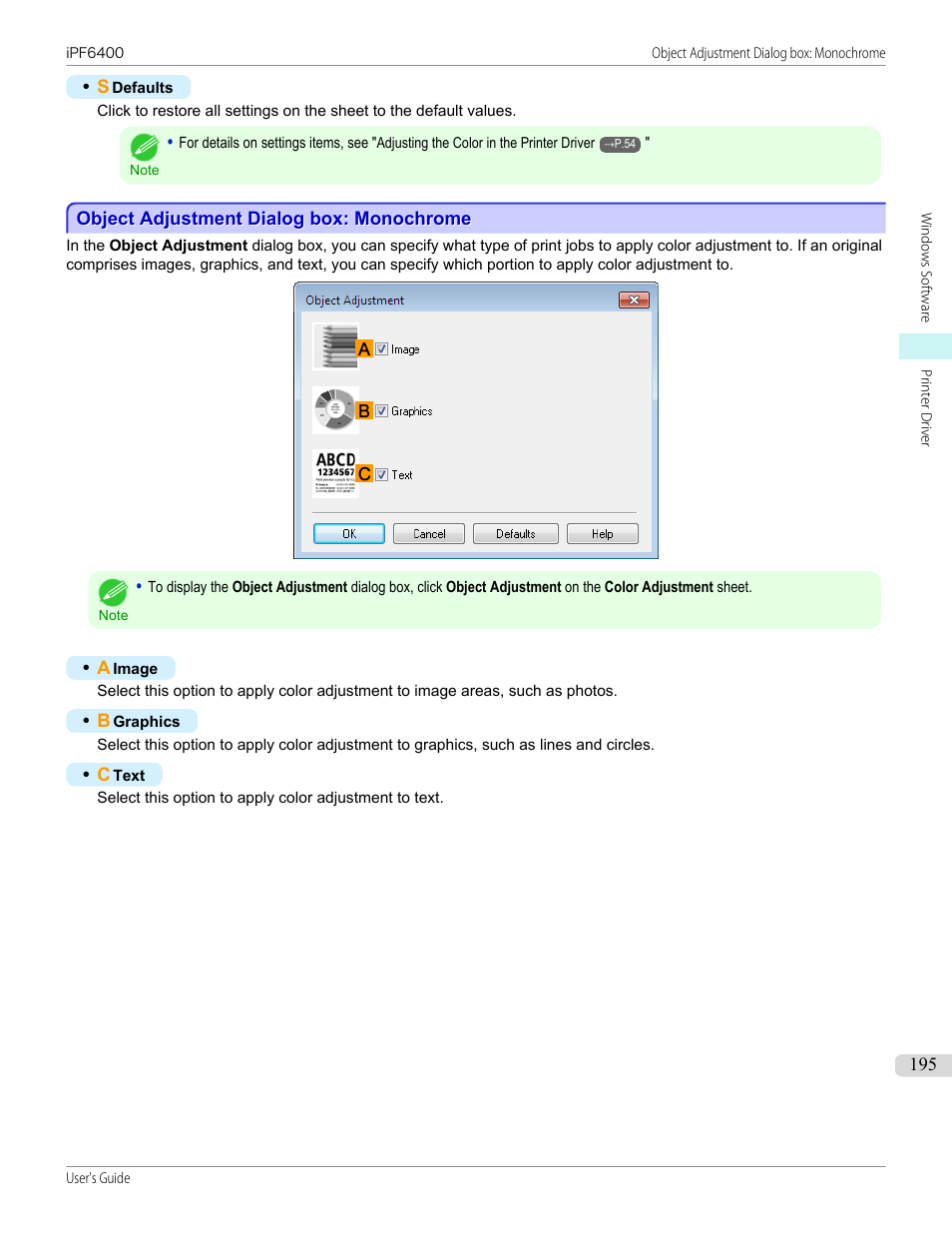 Object adjustment dialog box: monochrome, P.195 | Canon imagePROGRAF iPF6400 User Manual | Page 195 / 966