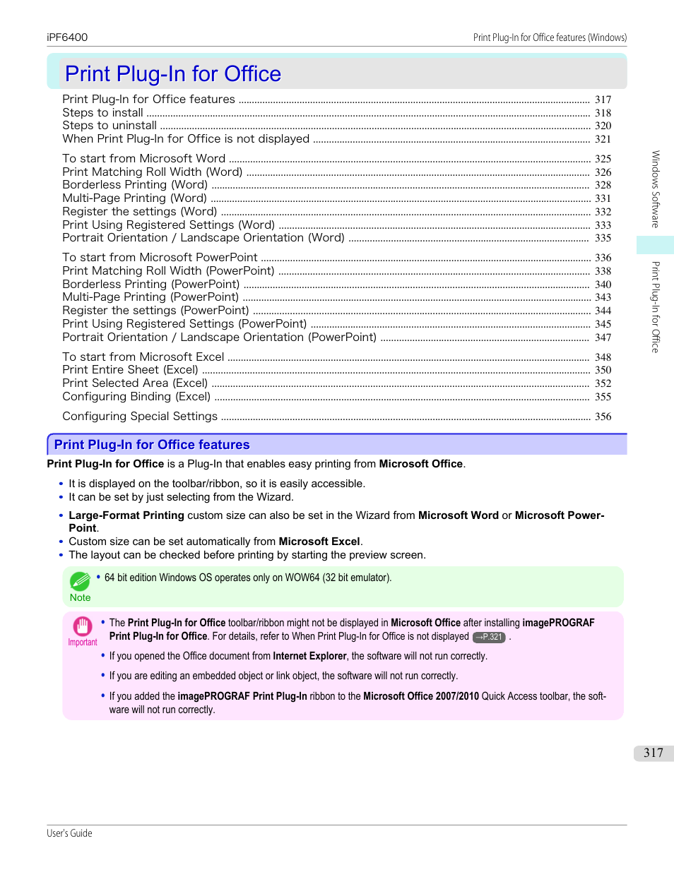 Print plug-in for office, Print plug-in for office features, Print plug-in for office features (windows) | P.317 | Canon imagePROGRAF iPF6400 User Manual | Page 317 / 966