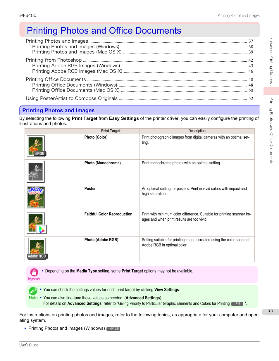 Printing photos and office documents, Printing photos and images | Canon imagePROGRAF iPF6400 User Manual | Page 37 / 966