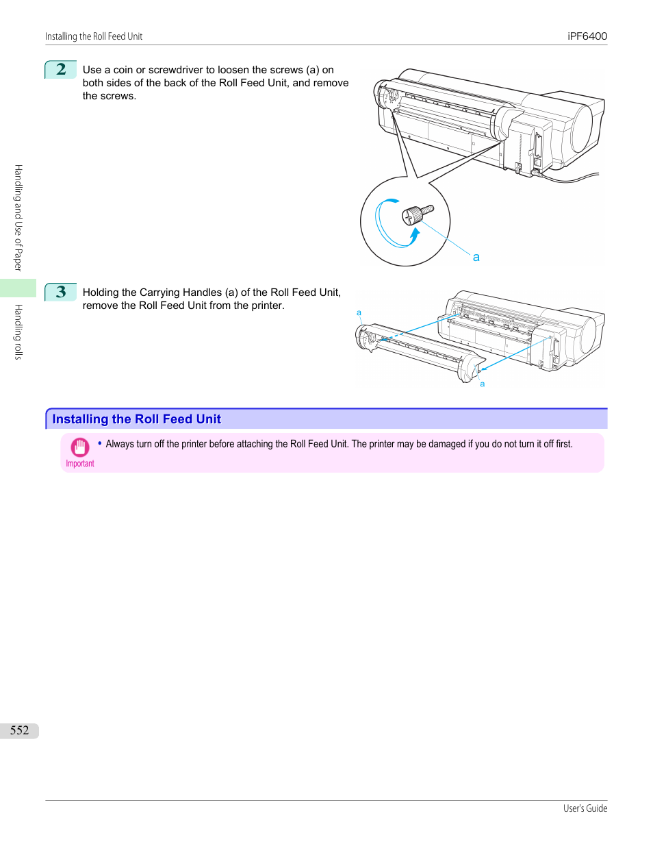 Installing the roll feed unit | Canon imagePROGRAF iPF6400 User Manual | Page 552 / 966