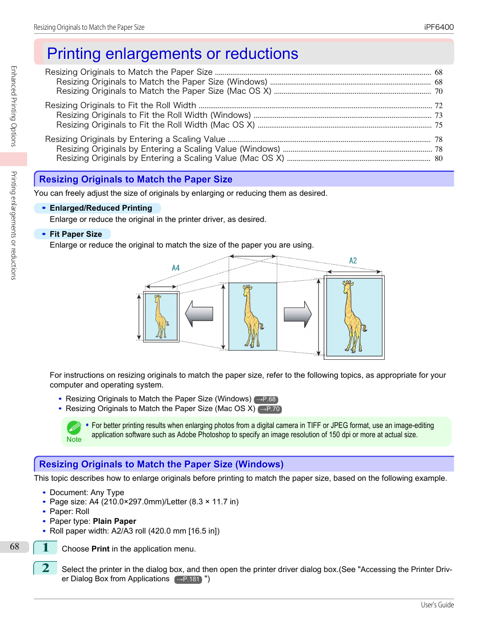 Printing enlargements or reductions, Resizing originals to match the paper size, See "resizing originals to match the paper size.") | P.68 | Canon imagePROGRAF iPF6400 User Manual | Page 68 / 966