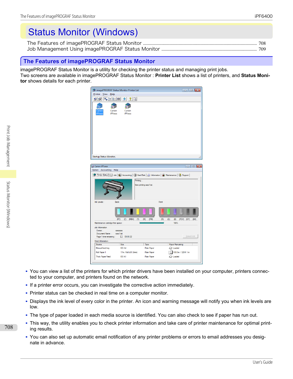 Status monitor (windows), The features of imageprograf status monitor, Status monitor | Canon imagePROGRAF iPF6400 User Manual | Page 708 / 966