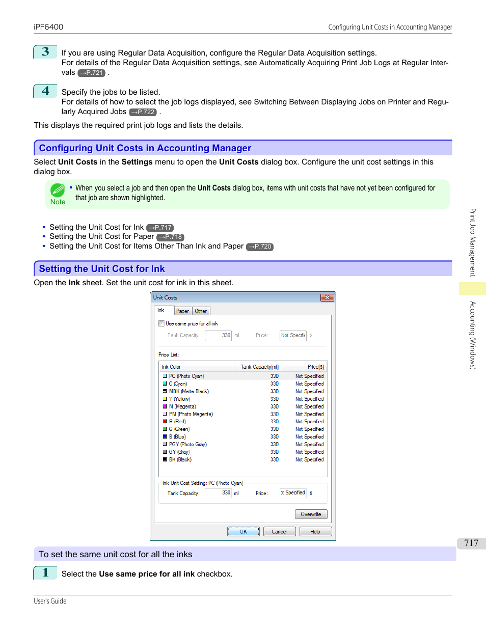 Configuring unit costs in accounting manager, Setting the unit cost for ink, P.717 | Canon imagePROGRAF iPF6400 User Manual | Page 717 / 966