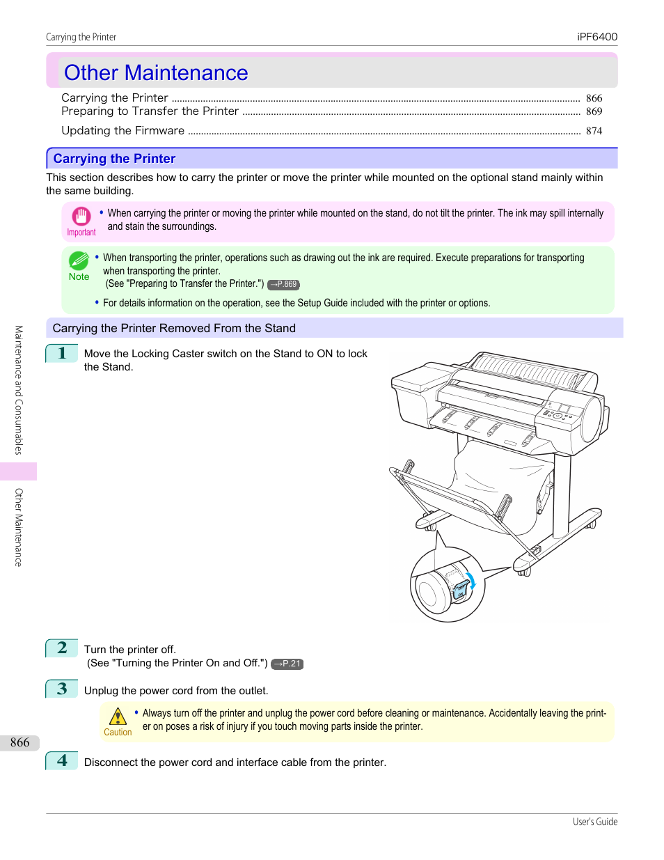 Other maintenance, Carrying the printer | Canon imagePROGRAF iPF6400 User Manual | Page 866 / 966