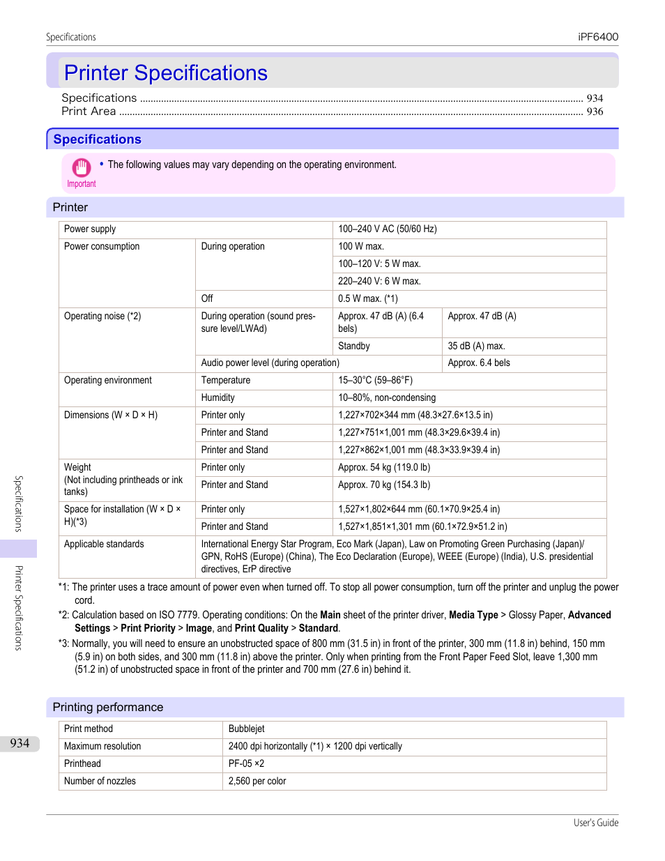 Printer specifications, Specifications, See "specifications.") | P.934 | Canon imagePROGRAF iPF6400 User Manual | Page 934 / 966
