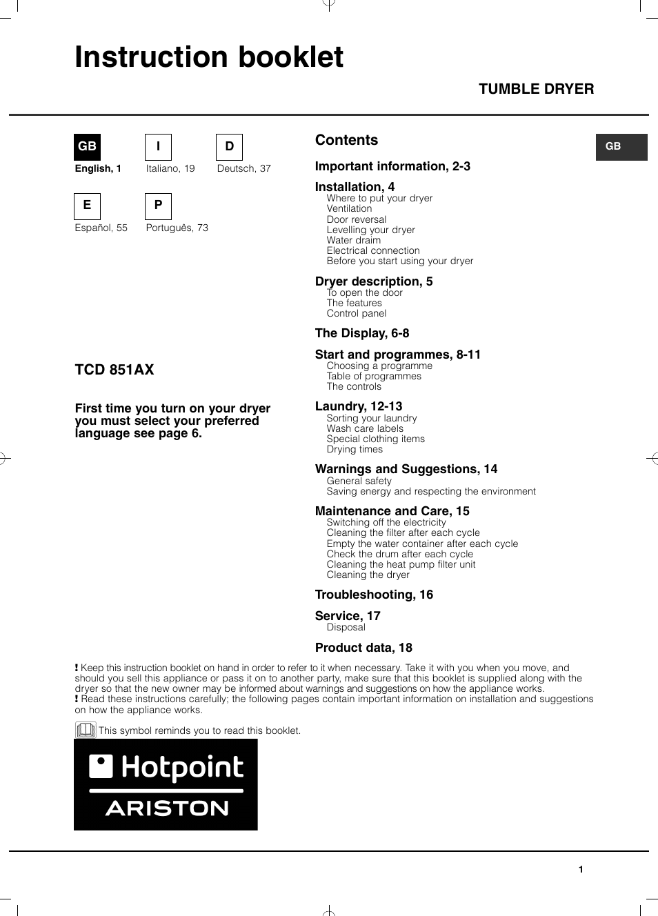 Hotpoint Ariston TCD 851 AX (EU) User Manual | 92 pages