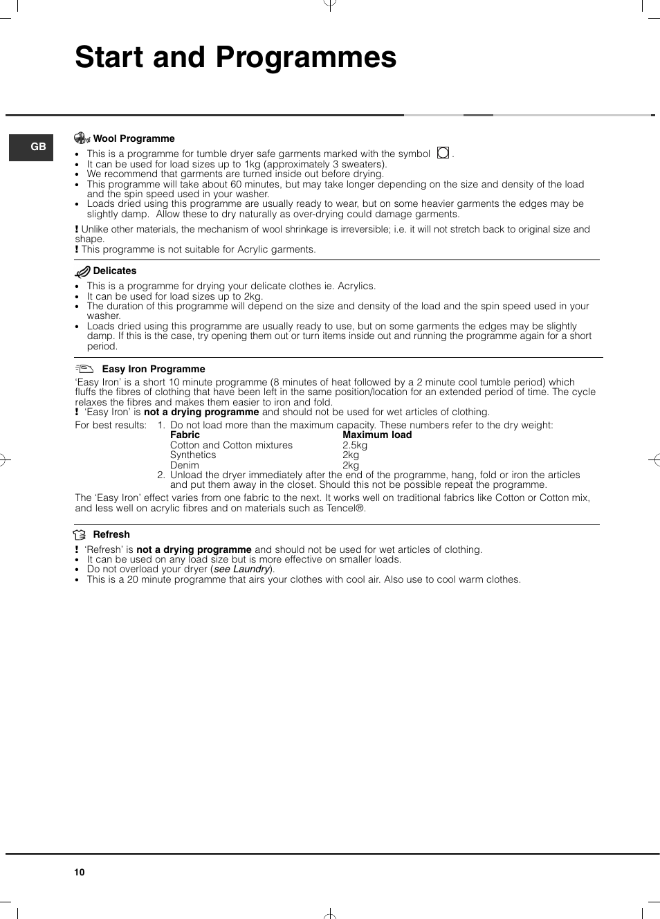 Start and programmes | Hotpoint Ariston TCD 851 AX (EU) User Manual | Page 10 / 92