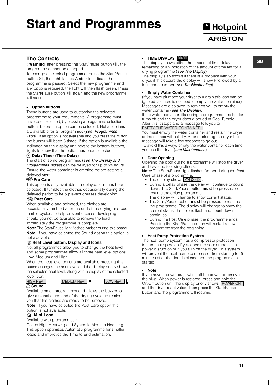 Start and programmes, The controls | Hotpoint Ariston TCD 851 AX (EU) User Manual | Page 11 / 92