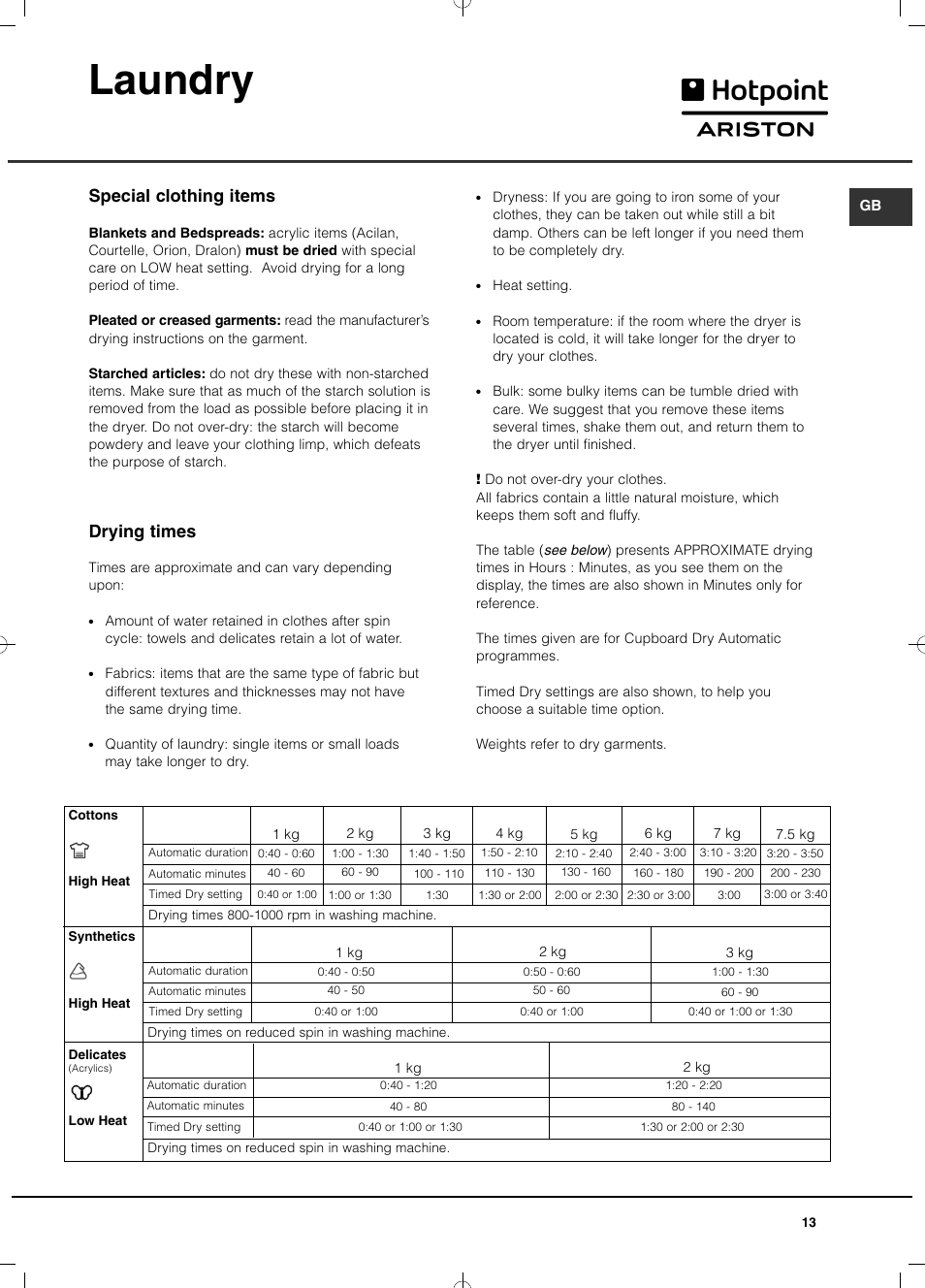 Laundry, Special clothing items, Drying times | Hotpoint Ariston TCD 851 AX (EU) User Manual | Page 13 / 92